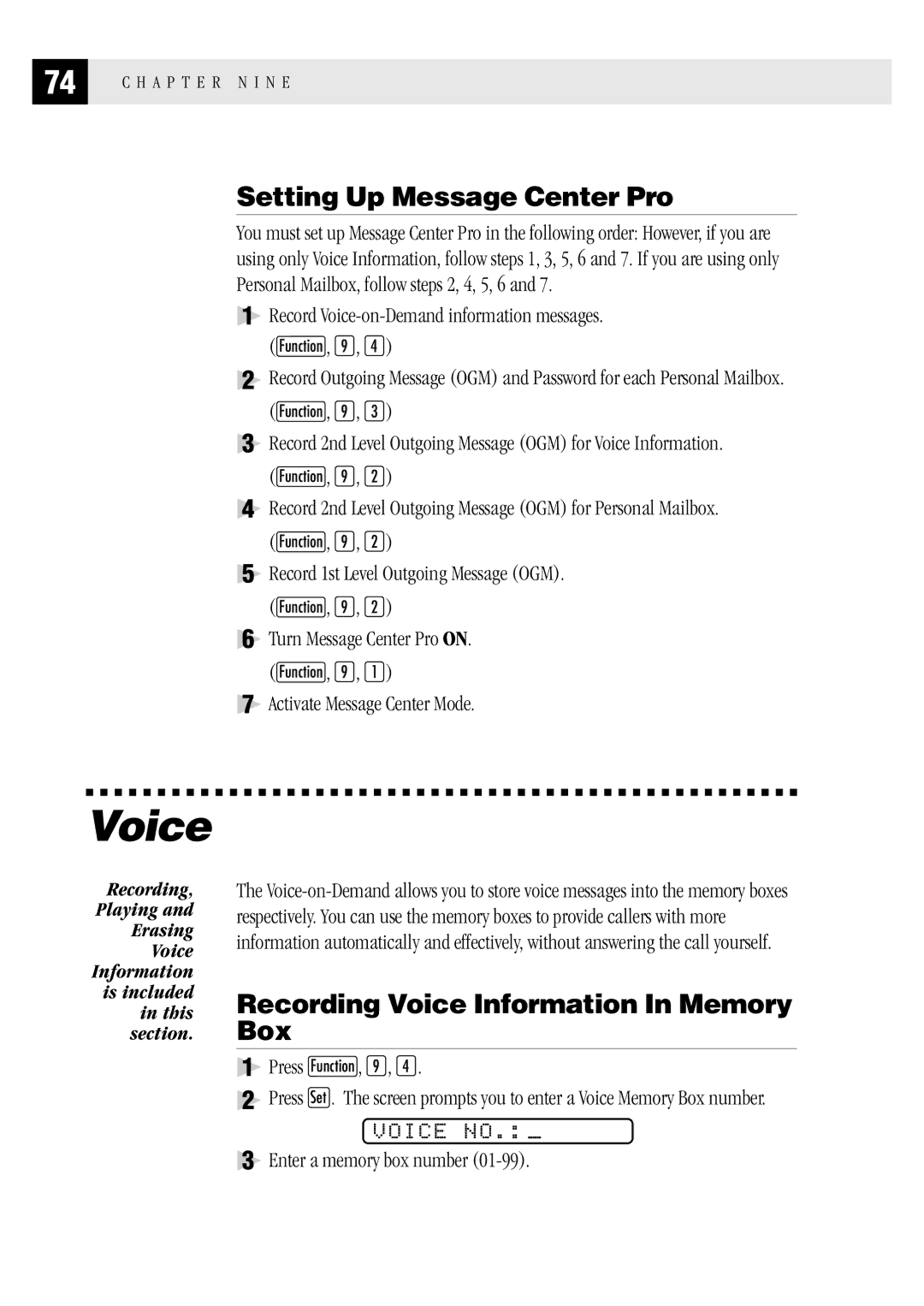 Brother MFC 1870MC, MFC 1970MC Setting Up Message Center Pro, Recording Voice Information In Memory Box, Voice no 