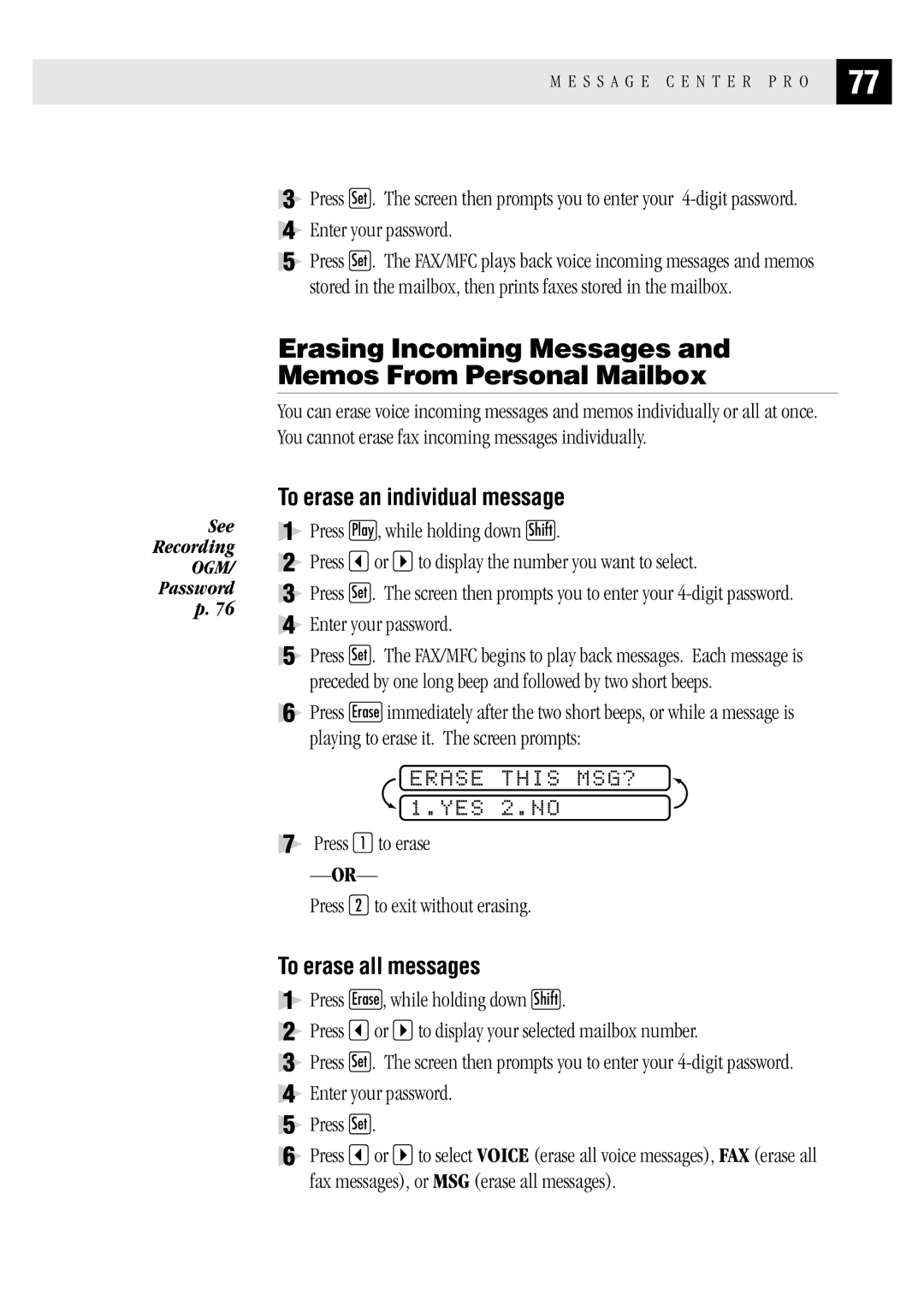 Brother MFC 1870MC, MFC 1970MC, FAX1 570MC owner manual Erasing Incoming Messages and Memos From Personal Mailbox 