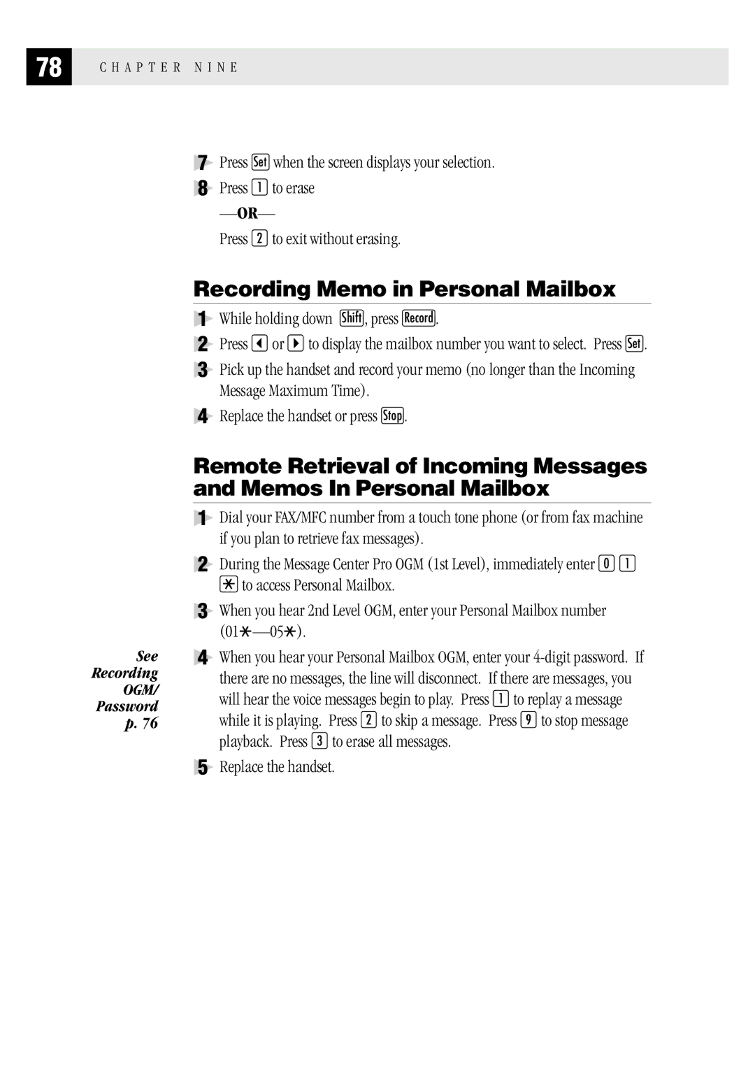 Brother FAX1 570MC, MFC 1970MC, MFC 1870MC owner manual Recording Memo in Personal Mailbox, Replace the handset 