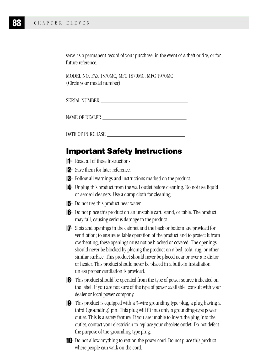 Brother MFC 1970MC, MFC 1870MC, FAX1 570MC owner manual Important Safety Instructions, Do not use this product near water 