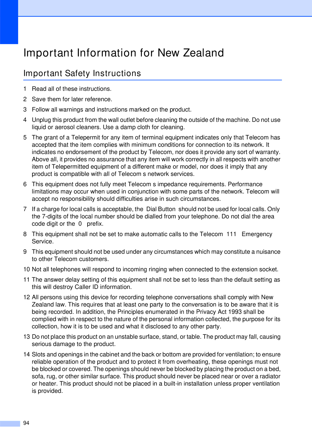 Brother MFC-253CW manual Important Information for New Zealand 