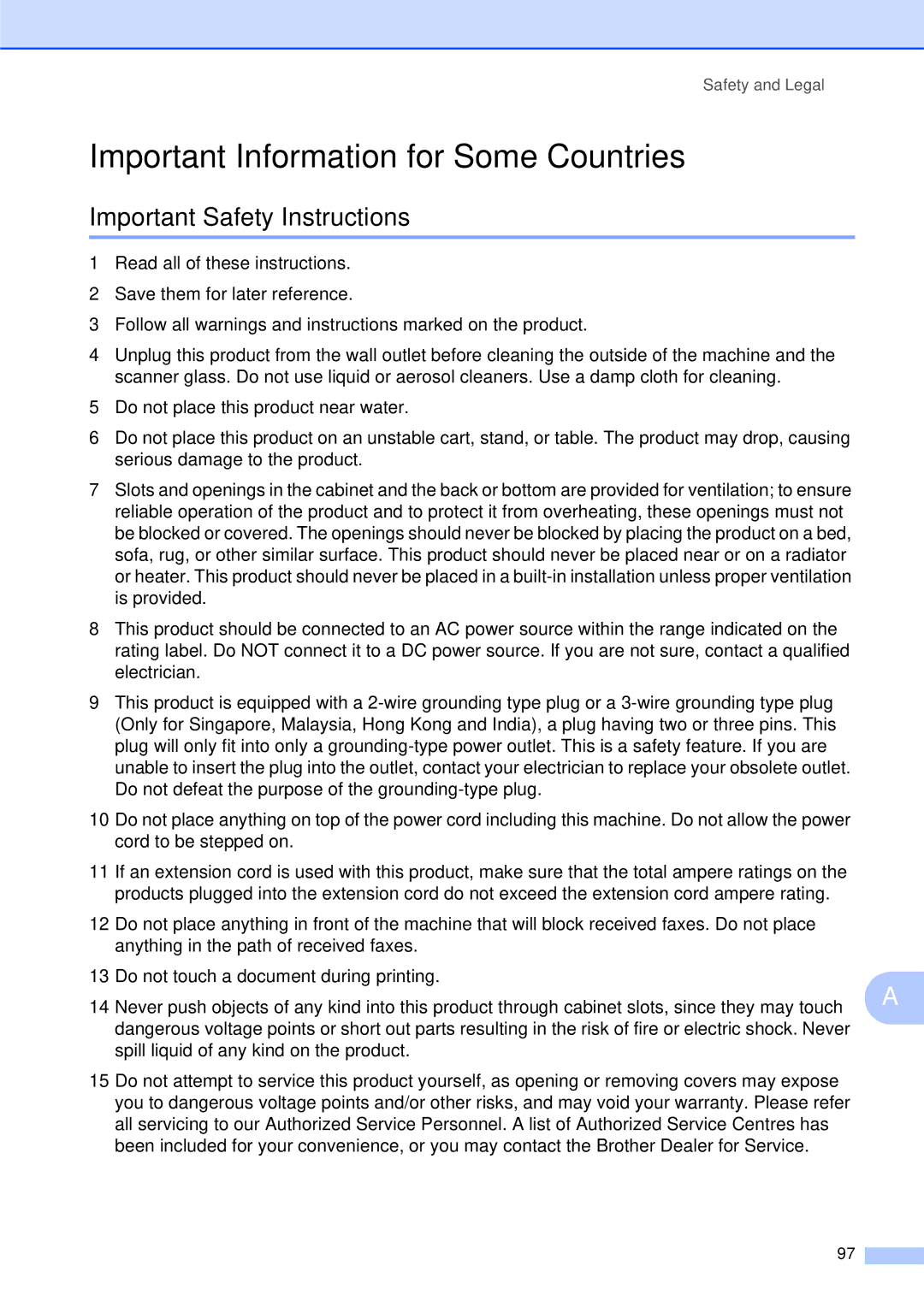 Brother MFC-253CW manual Important Information for Some Countries, Important Safety Instructions 