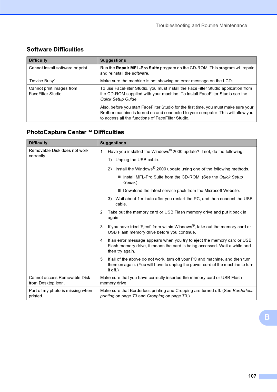 Brother MFC-253CW manual Software Difficulties, PhotoCapture Center Difficulties, 107 