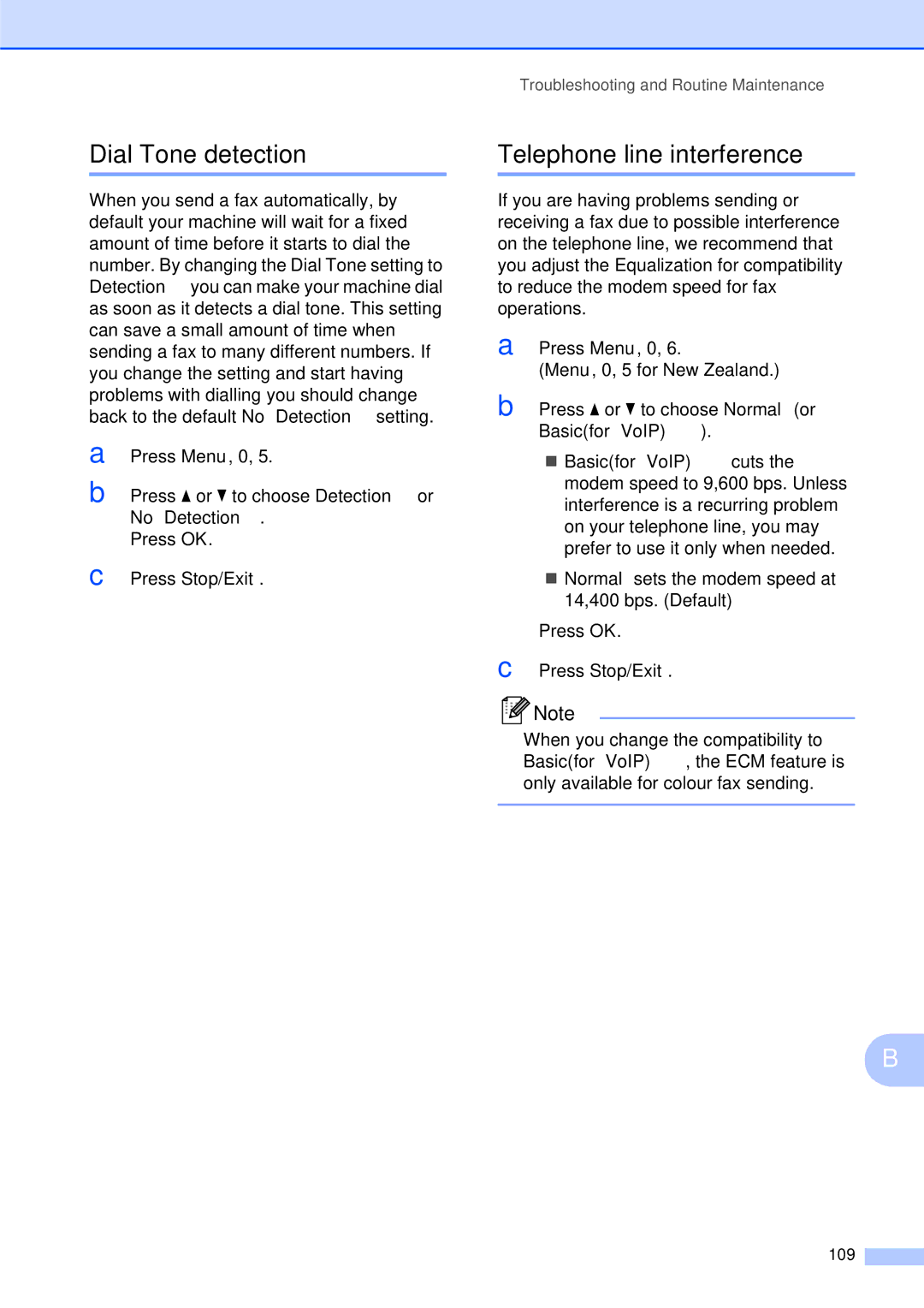 Brother MFC-253CW manual Dial Tone detection, Telephone line interference, 109 