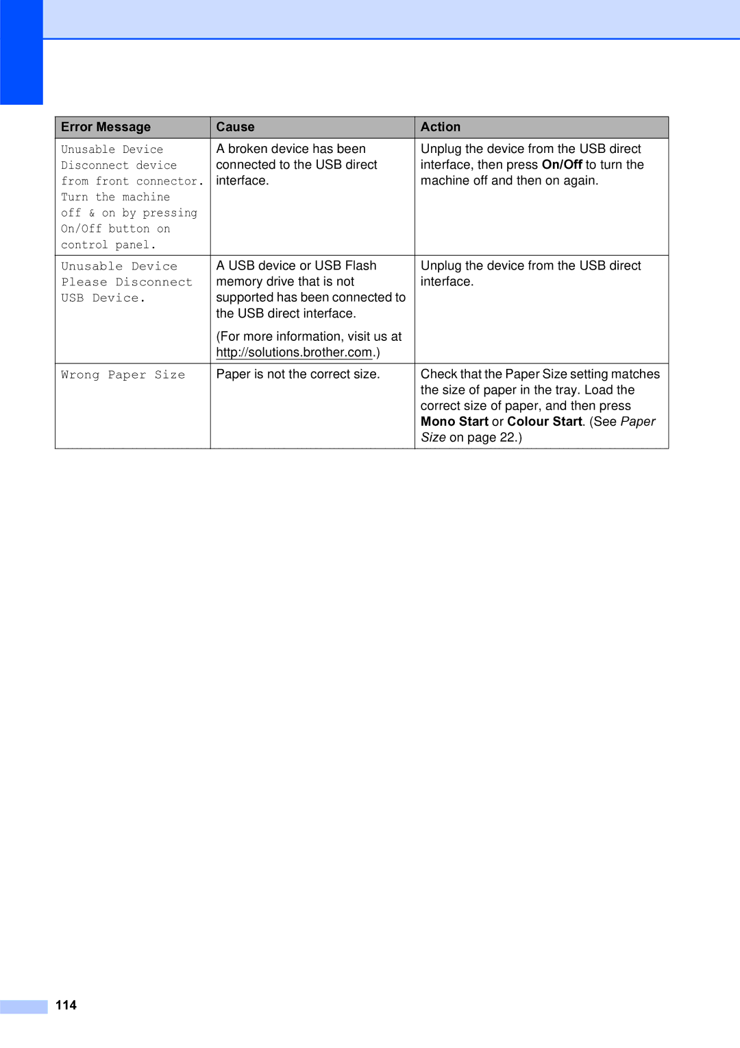 Brother MFC-253CW manual Mono Start or Colour Start. See Paper, 114 