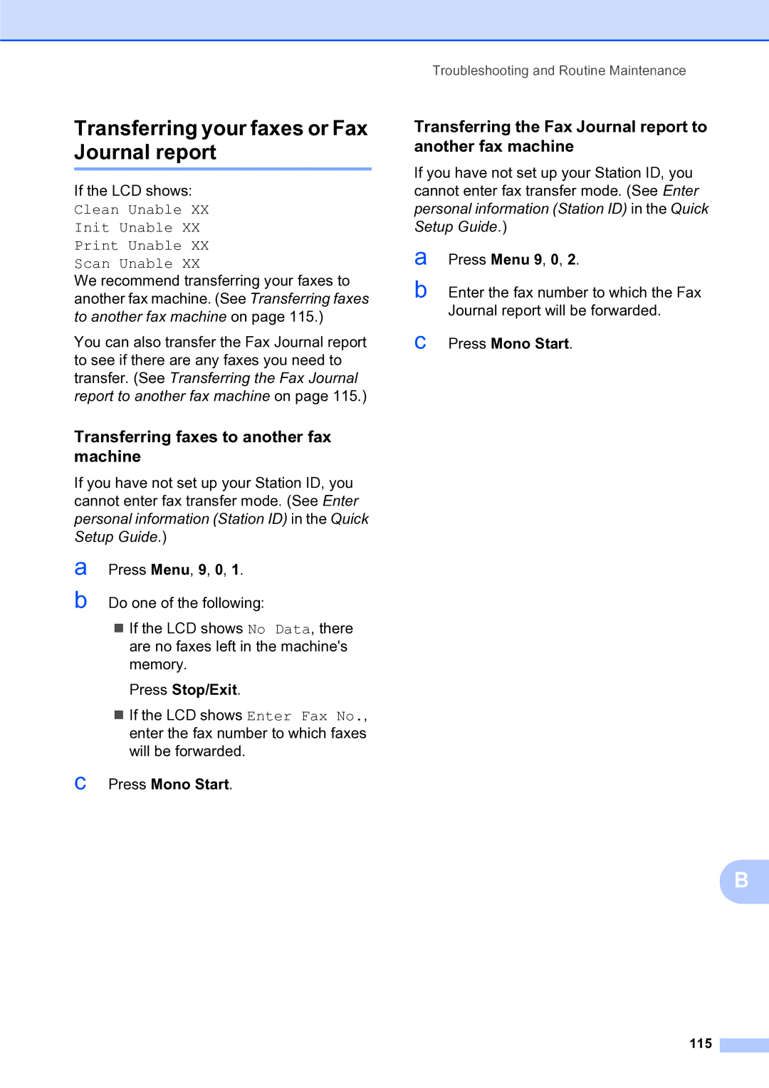 Brother MFC-253CW manual Transferring your faxes or Fax Journal report, Transferring faxes to another fax machine, 115 