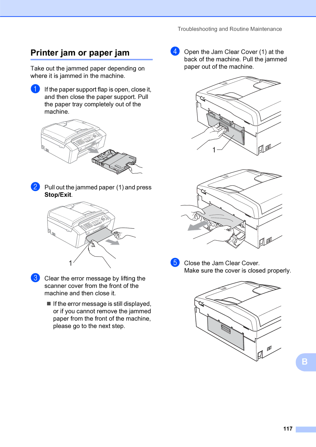 Brother MFC-253CW manual Printer jam or paper jam, 117 