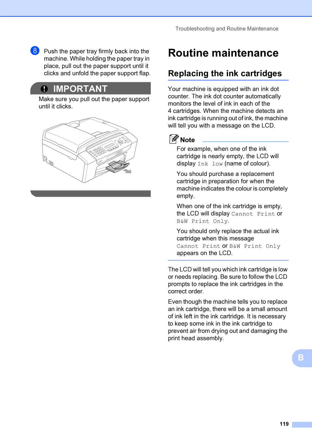 Brother MFC-253CW manual Routine maintenance, Replacing the ink cartridges, 119 