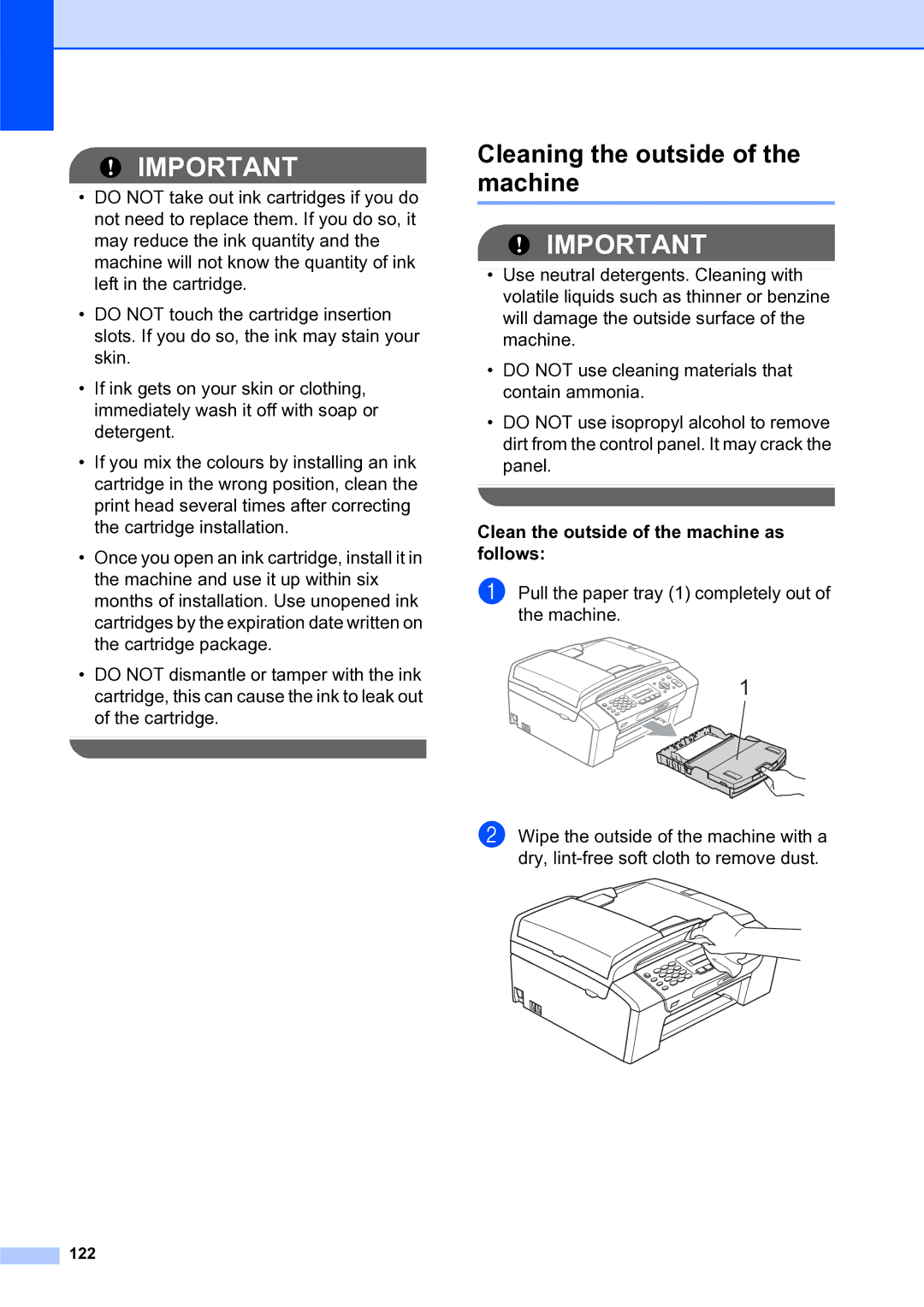 Brother MFC-253CW manual Cleaning the outside of the machine, Clean the outside of the machine as follows, 122 