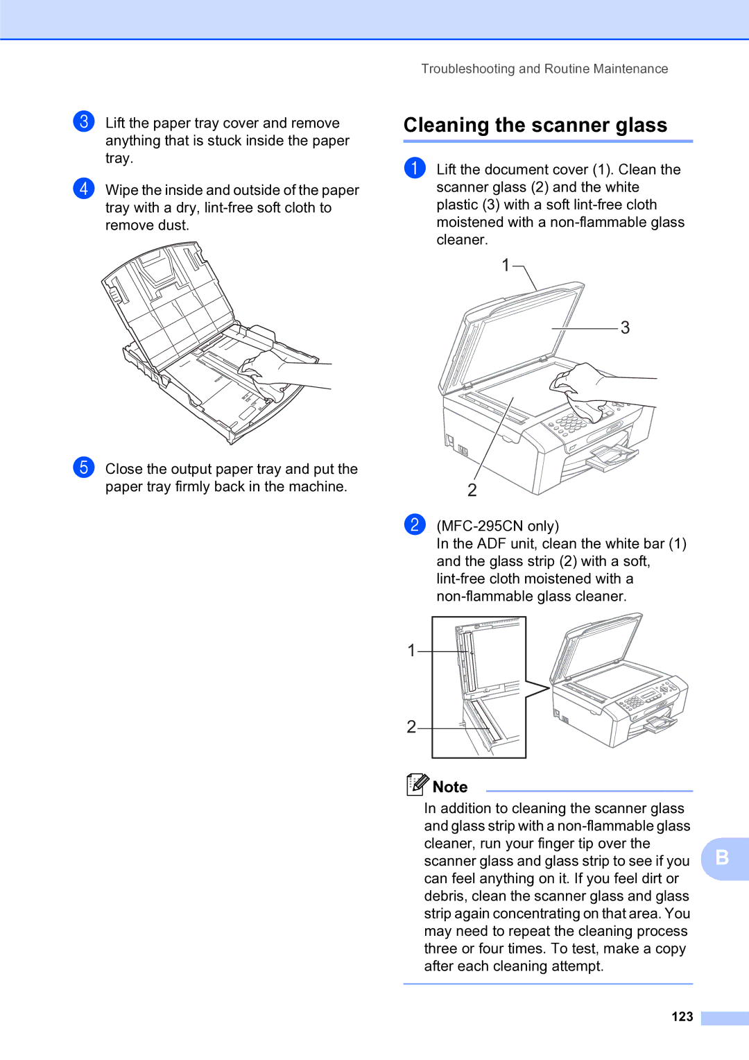 Brother MFC-253CW manual Cleaning the scanner glass, 123 