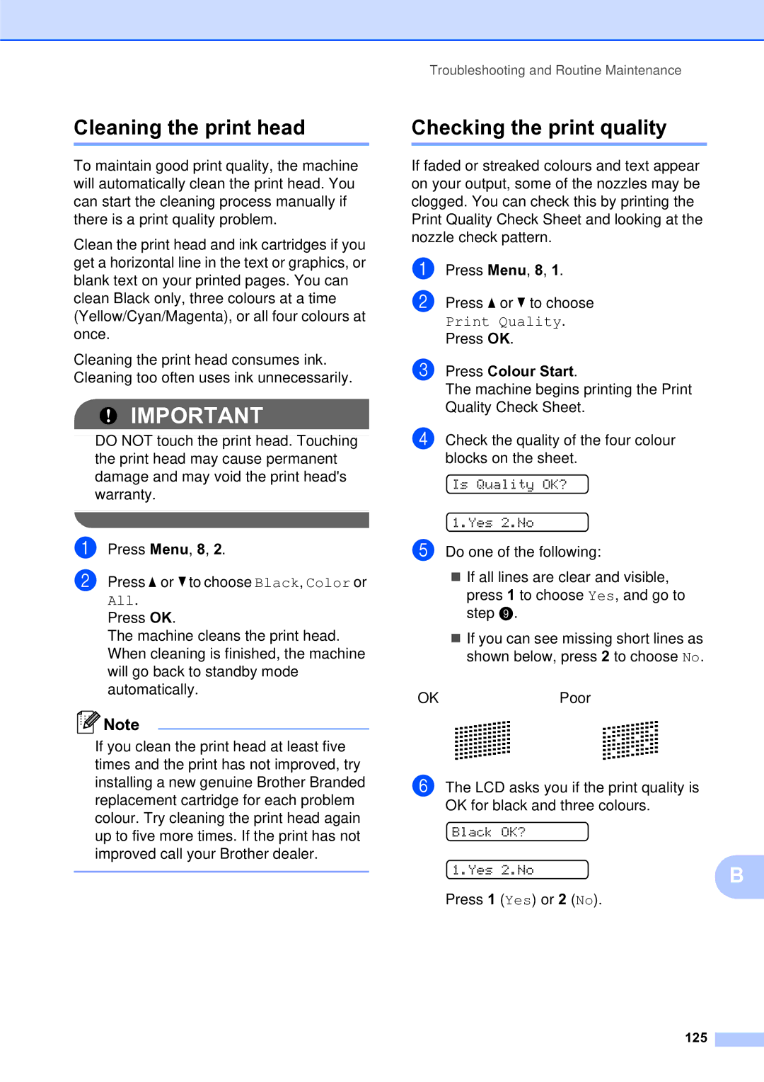 Brother MFC-253CW manual Cleaning the print head, Checking the print quality, Press Colour Start, 125 