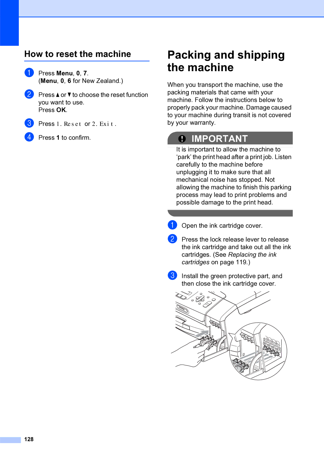 Brother MFC-253CW manual Packing and shipping the machine, How to reset the machine, 128 