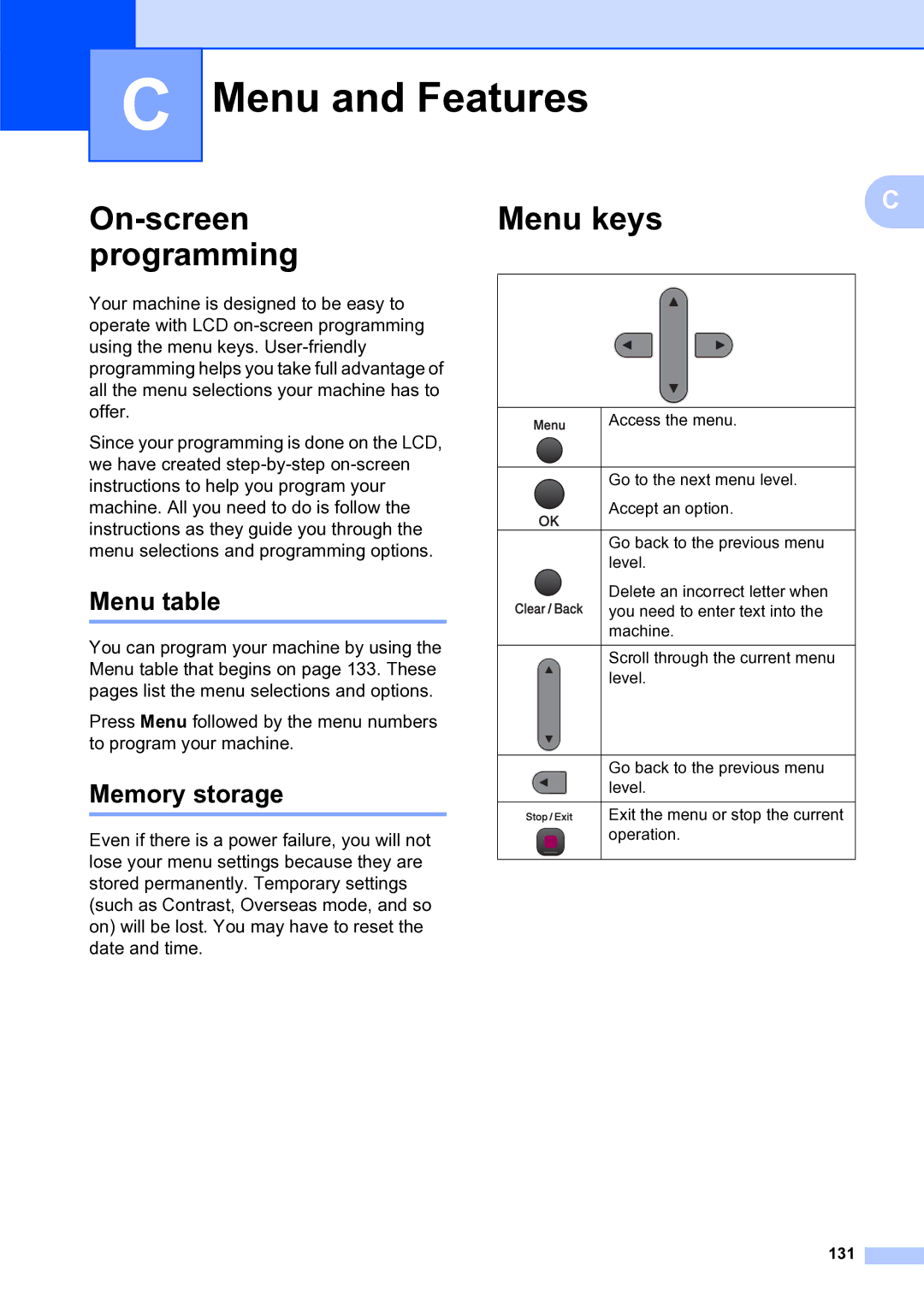 Brother MFC-253CW manual Menu and Features, On-screen programming, Menu table, Memory storage, 131 