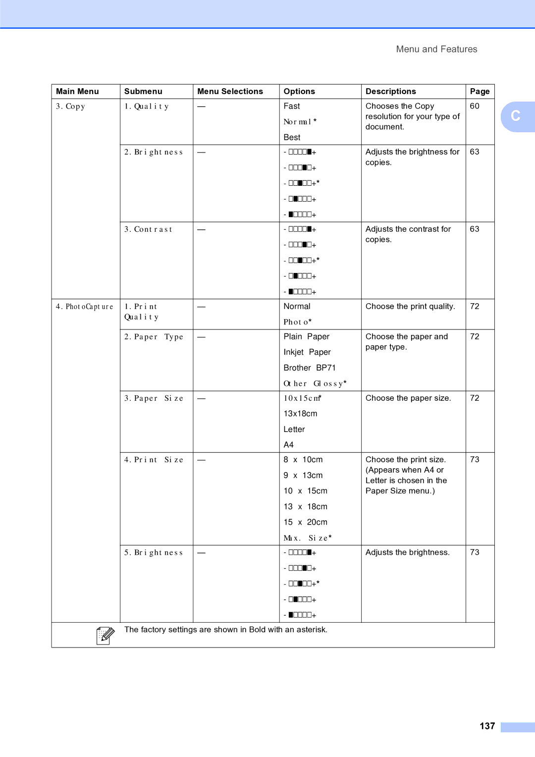 Brother MFC-253CW manual 137, Print Size 