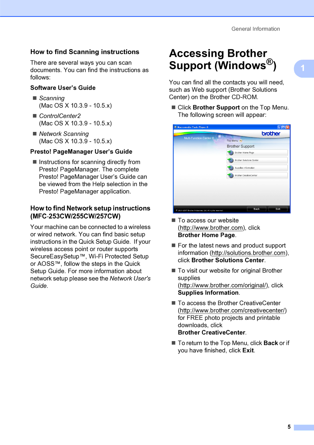 Brother MFC-253CW manual Accessing Brother Support Windows, Presto! PageManager User’s Guide, Brother CreativeCenter 