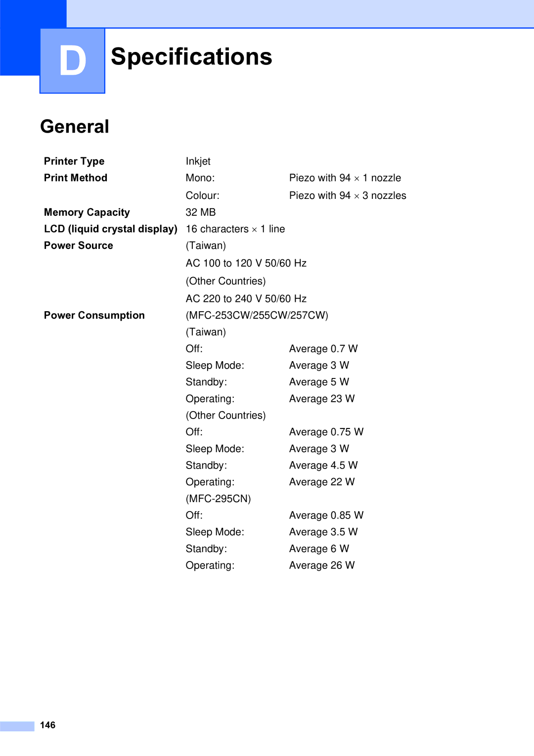 Brother MFC-253CW manual Specifications, General 