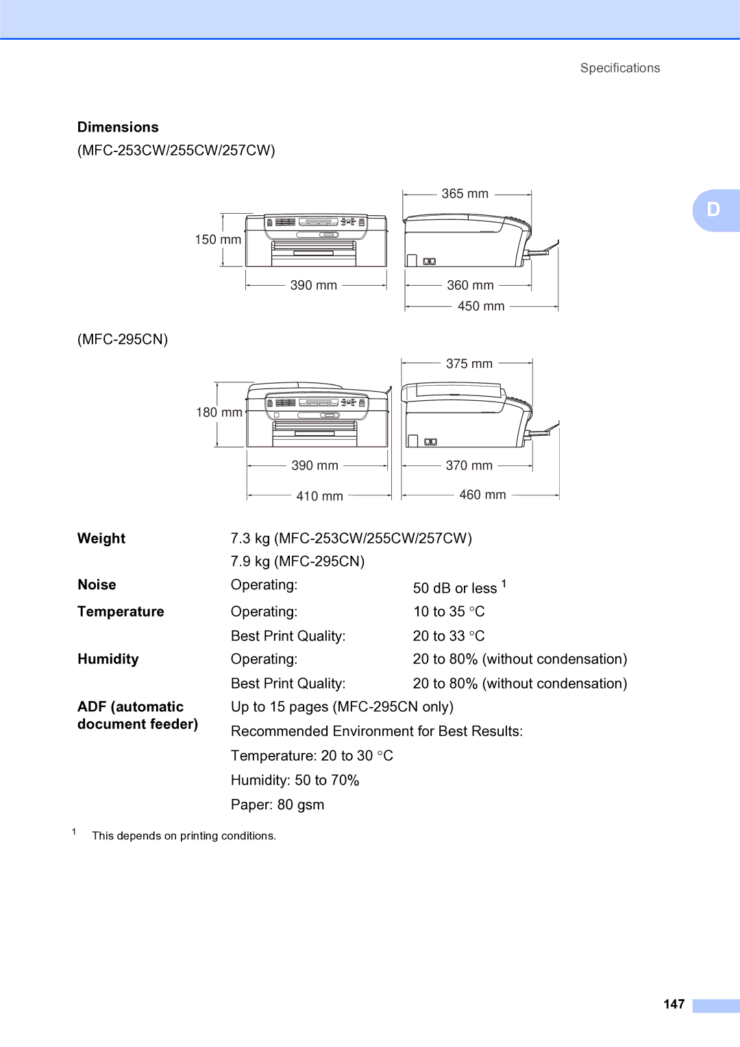 Brother MFC-253CW manual Dimensions, 147 