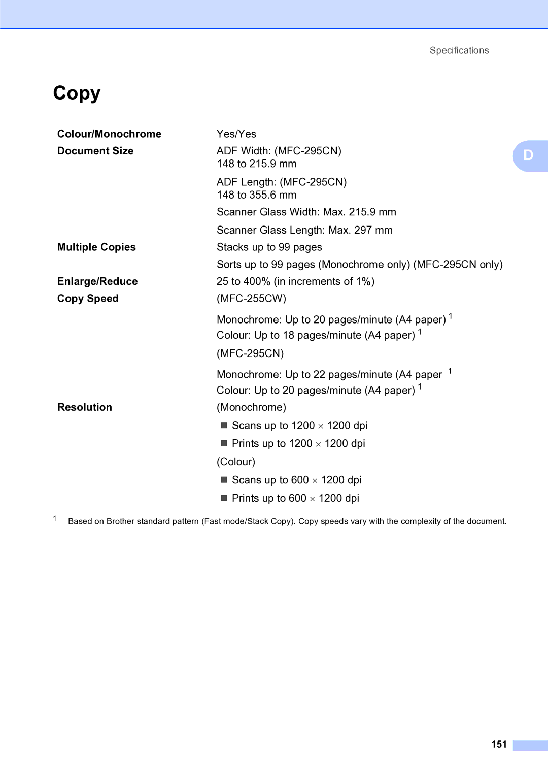 Brother MFC-253CW manual Colour/Monochrome, Multiple Copies, Enlarge/Reduce, Copy Speed 