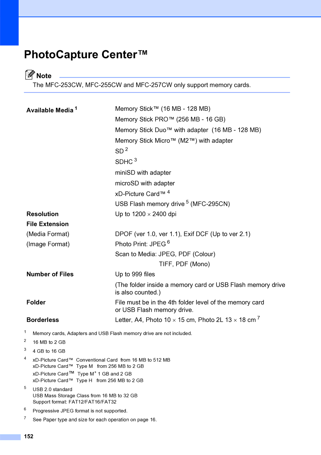 Brother MFC-253CW PhotoCapture Center, Available Media Resolution File Extension, Number of Files, Folder, Borderless 