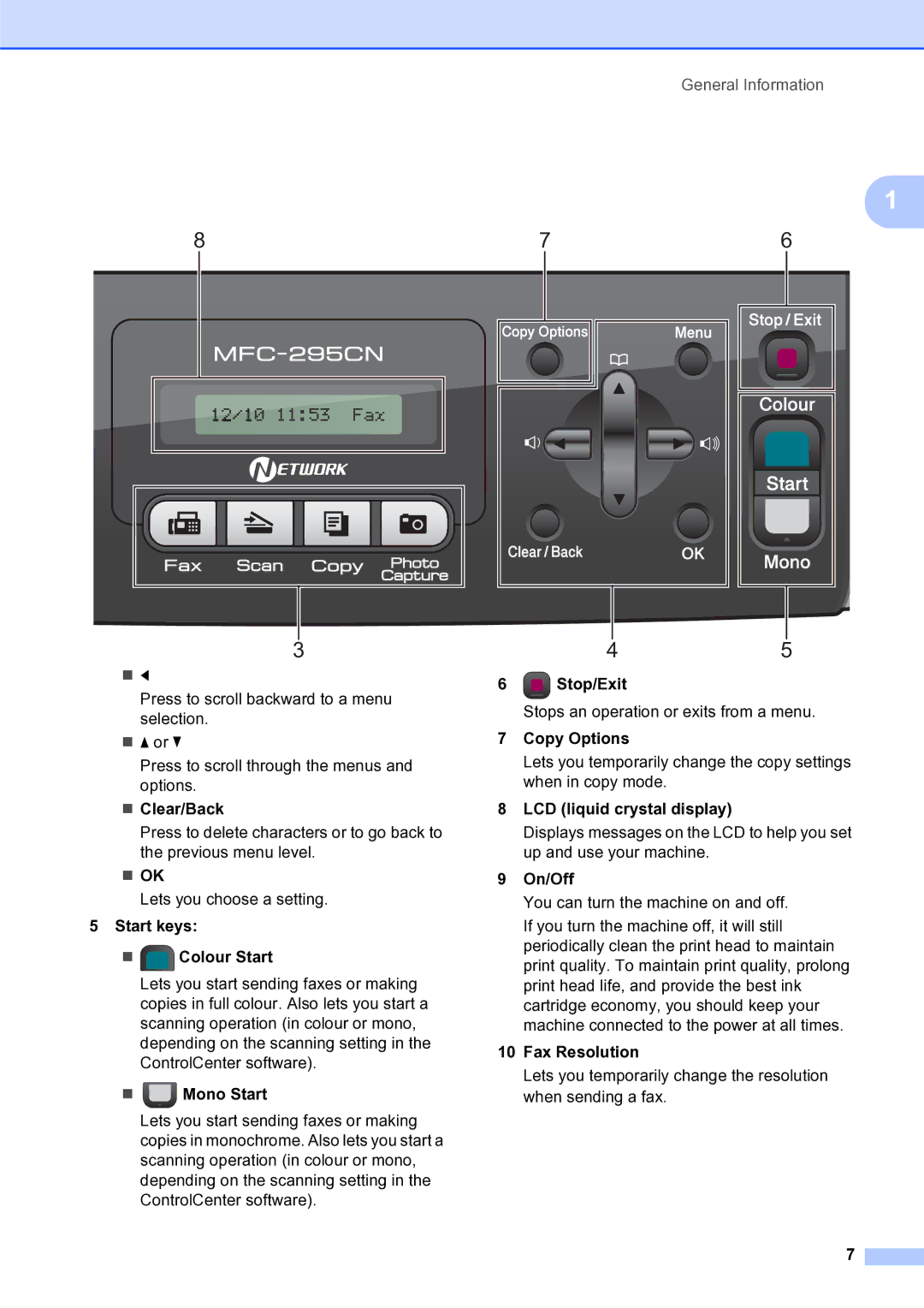 Brother MFC-253CW manual „ Clear/Back, „ Ok, Start keys „ Colour Start, „ Mono Start, Stop/Exit, Copy Options, On/Off 