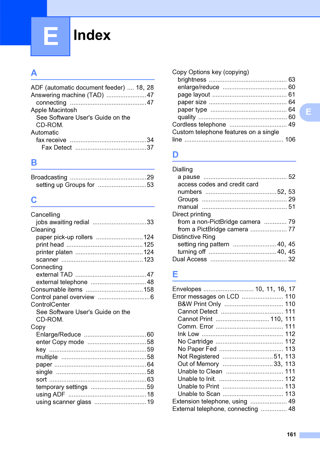 Brother MFC-253CW manual Index, 161 