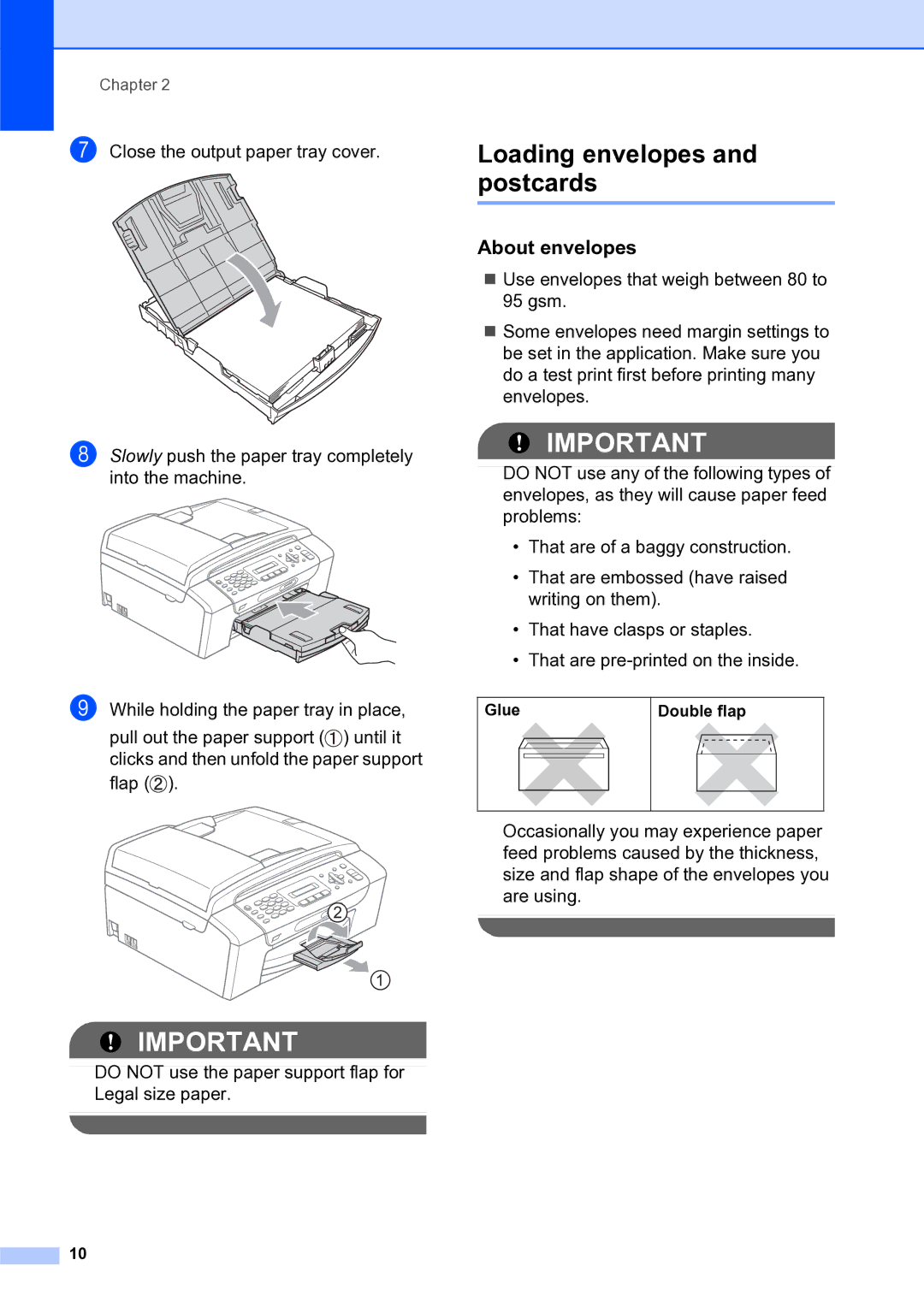 Brother MFC-253CW manual Loading envelopes and postcards, About envelopes, Glue Double flap 