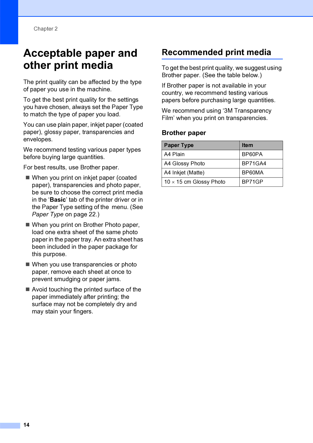 Brother MFC-253CW manual Acceptable paper and other print media, Recommended print media, Brother paper, Paper Type 