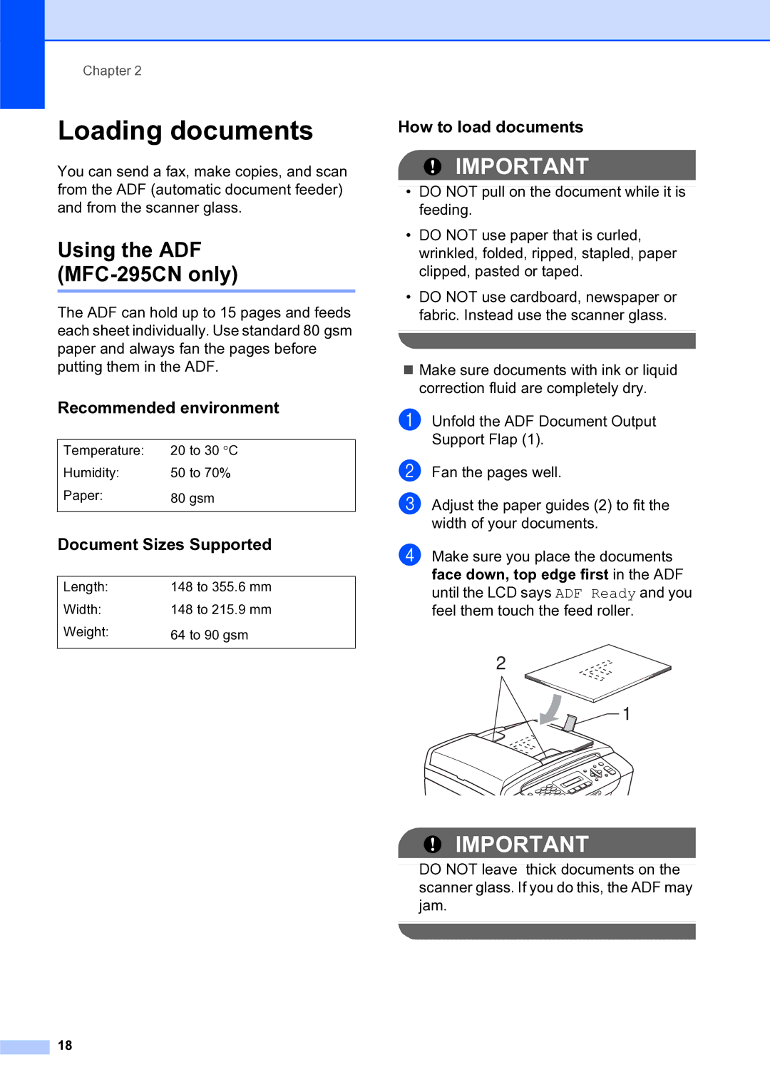 Brother MFC-253CW manual Loading documents, Using the ADF MFC-295CN only, Recommended environment, Document Sizes Supported 