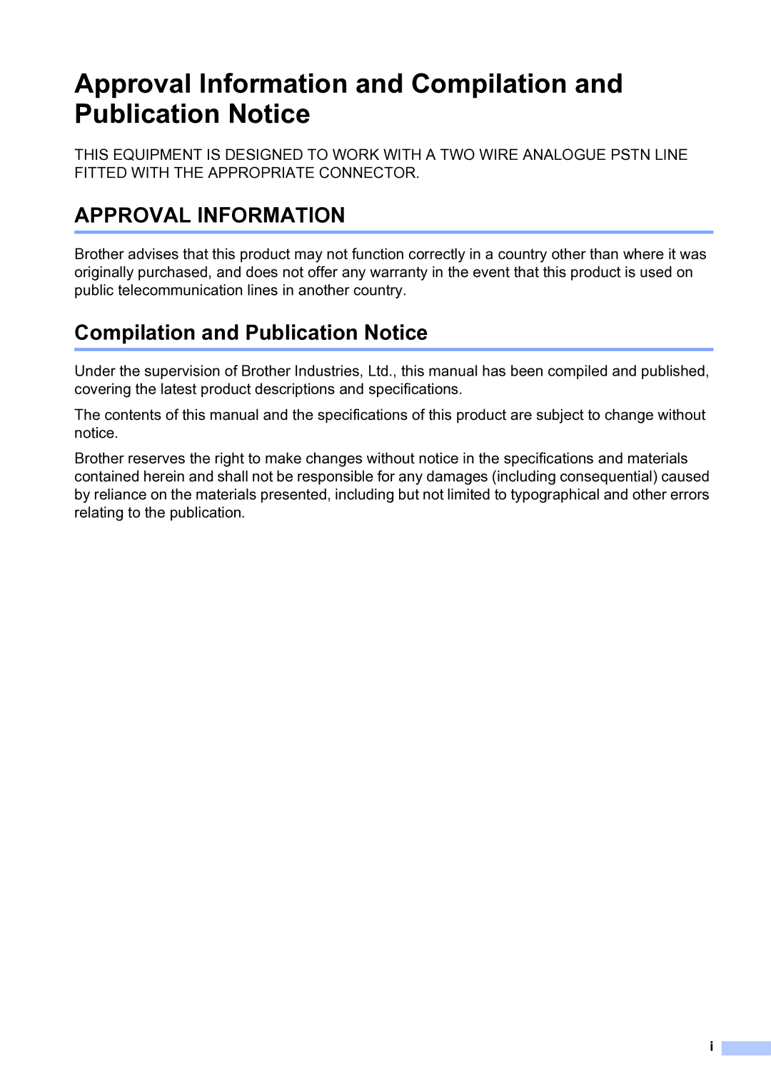 Brother MFC-253CW manual Approval Information and Compilation and Publication Notice 