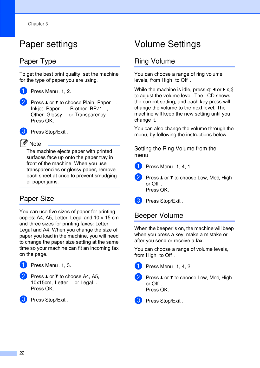 Brother MFC-253CW manual Paper settings, Volume Settings 