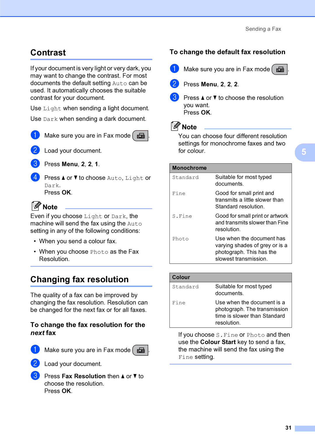 Brother MFC-253CW manual Contrast, Changing fax resolution, To change the fax resolution for the next fax 