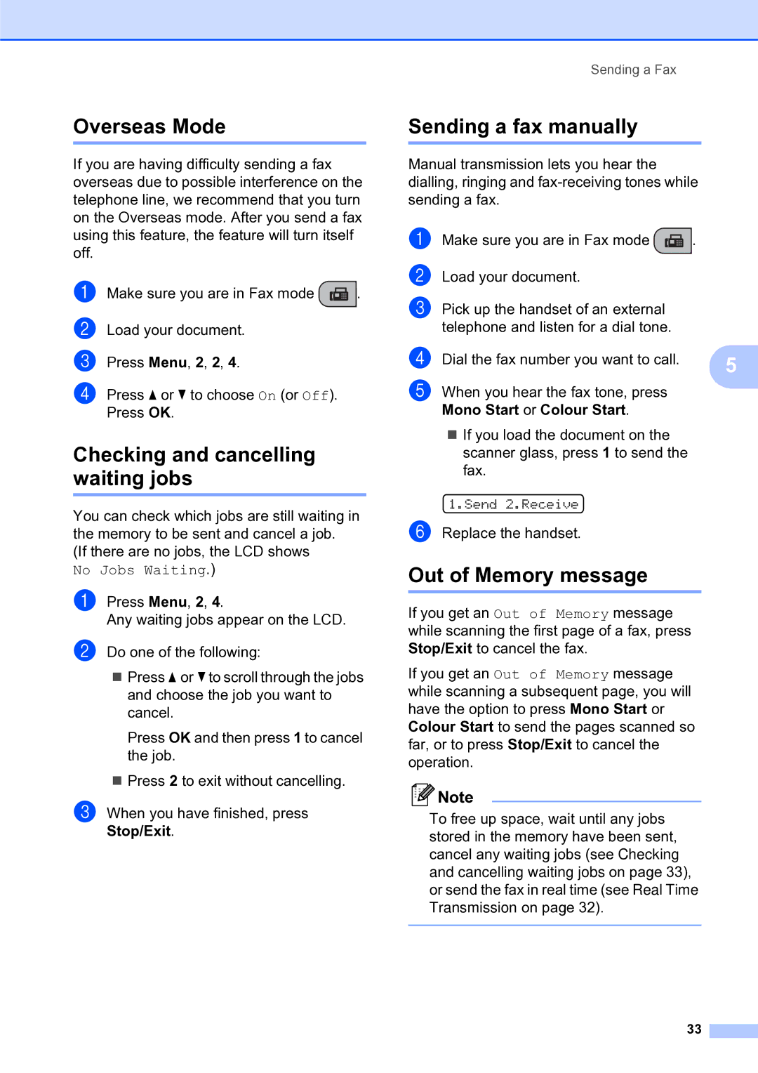 Brother MFC-253CW Overseas Mode, Checking and cancelling waiting jobs, Sending a fax manually, Out of Memory message 