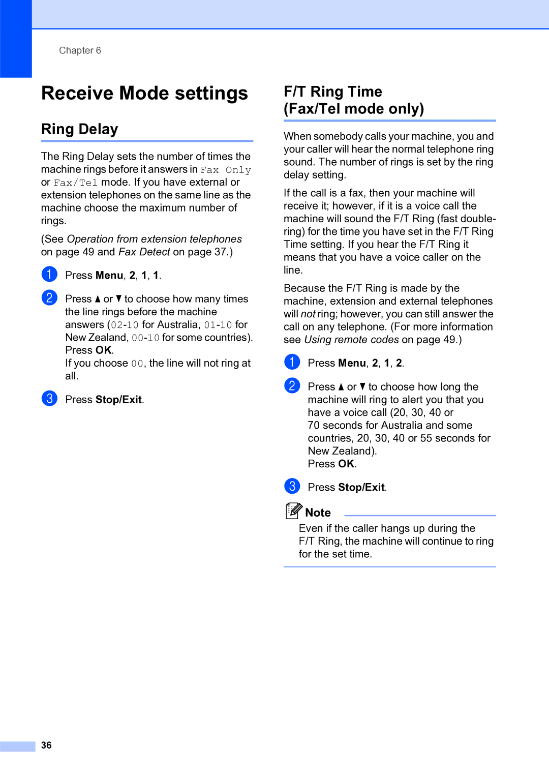 Brother MFC-253CW manual Receive Mode settings, Ring Delay, Ring Time Fax/Tel mode only 