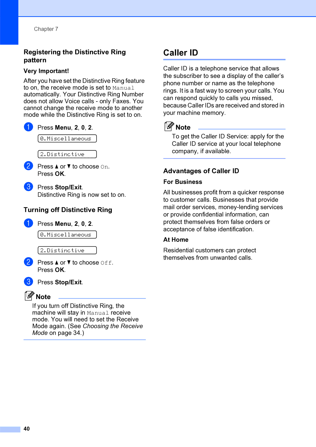 Brother MFC-253CW manual Caller ID, Registering the Distinctive Ring pattern, Turning off Distinctive Ring 