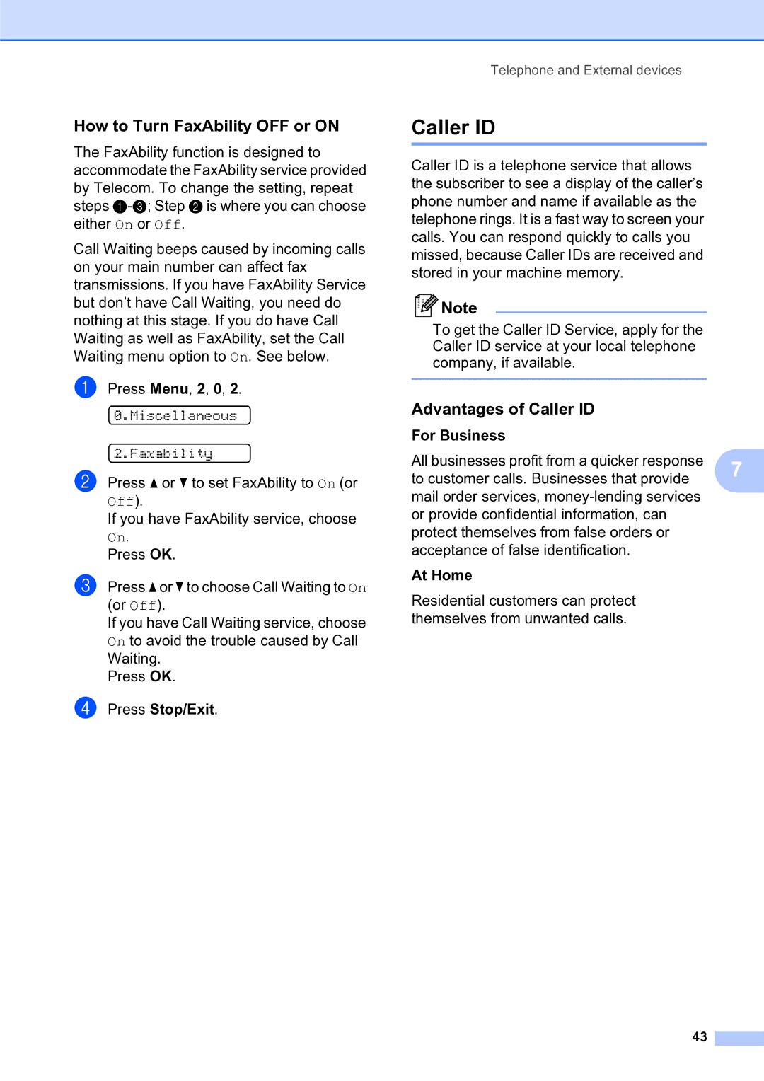 Brother MFC-253CW manual How to Turn FaxAbility OFF or on, Press Stop/Exit 