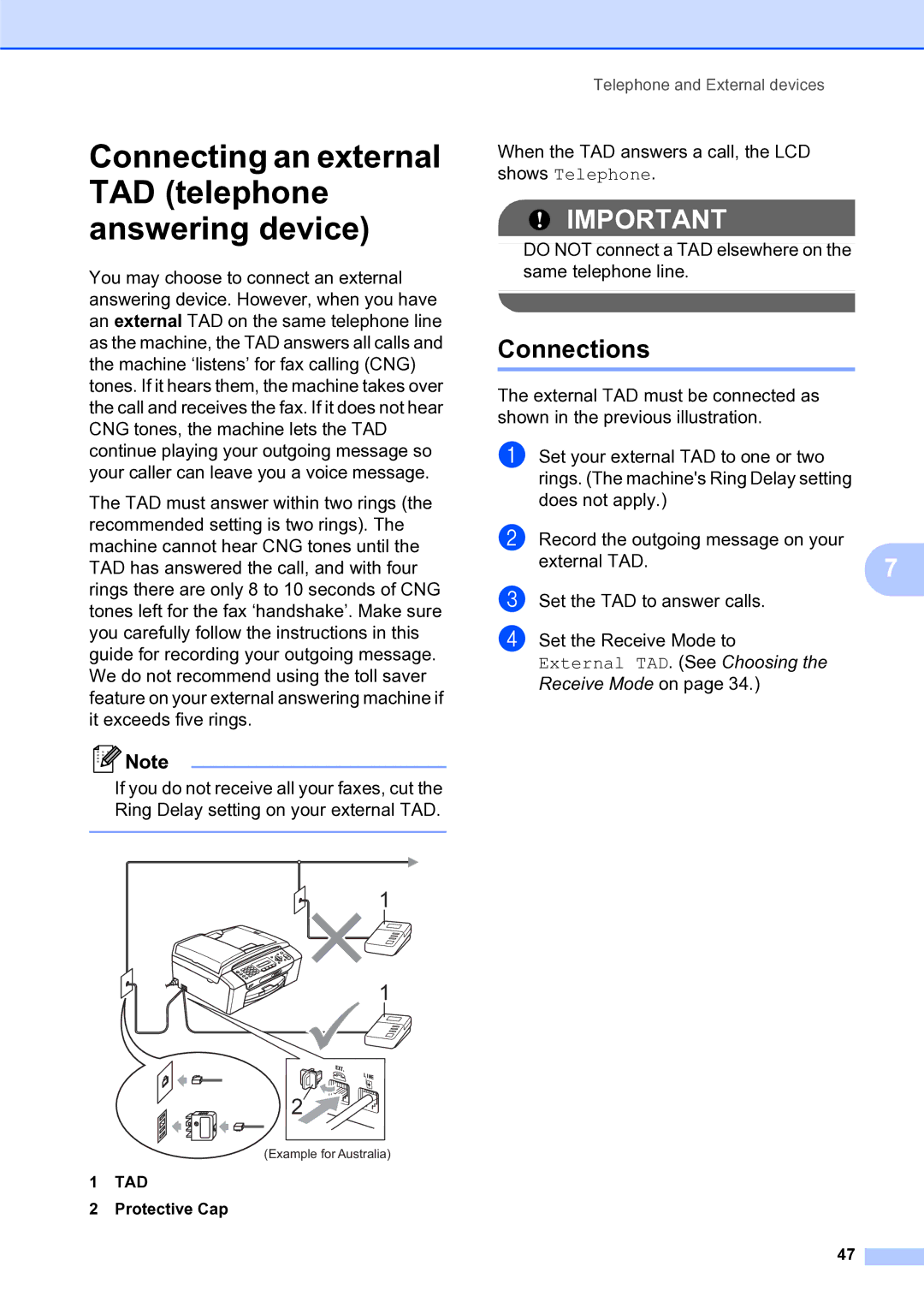 Brother MFC-253CW manual Connections, Protective Cap 