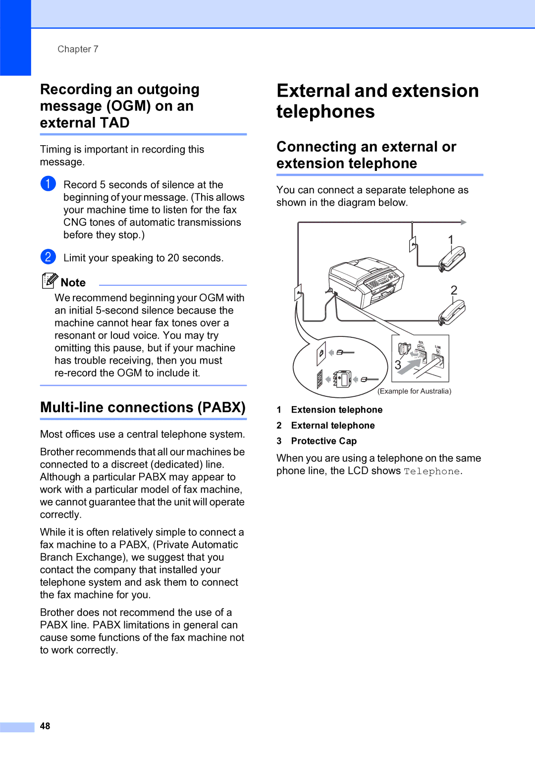 Brother MFC-253CW manual External and extension telephones, Recording an outgoing message OGM on an external TAD 