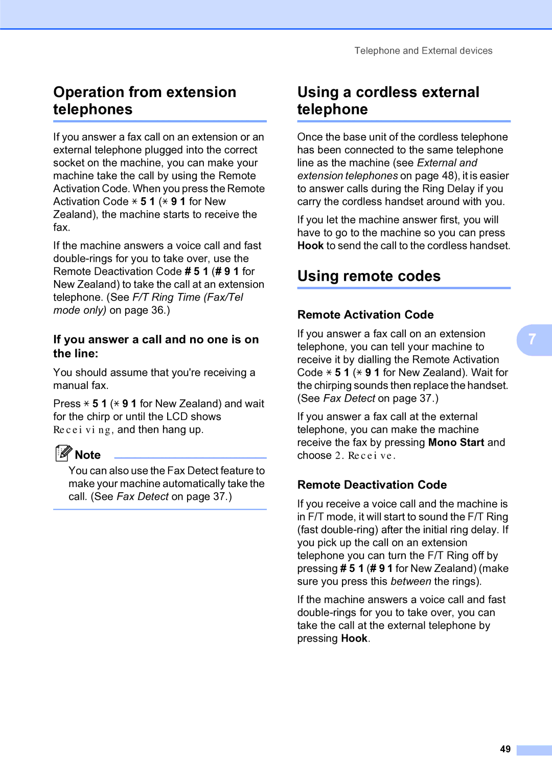 Brother MFC-253CW manual Operation from extension telephones, Using a cordless external telephone, Using remote codes 