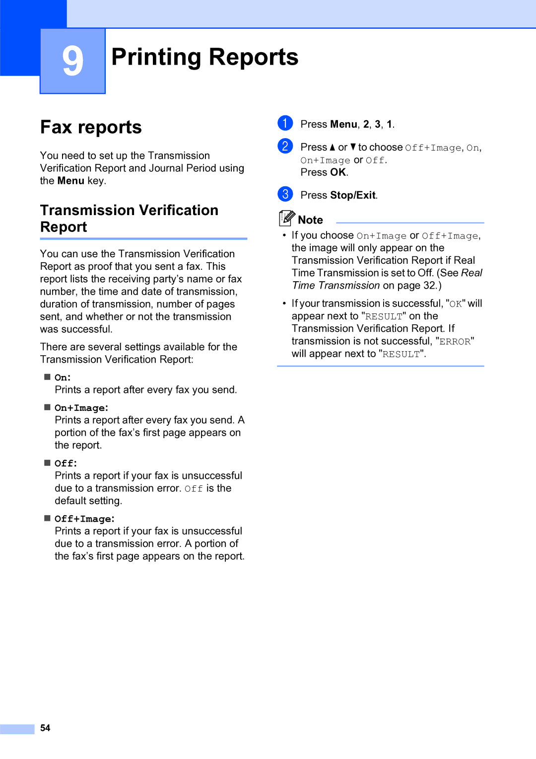 Brother MFC-253CW manual Printing Reports, Fax reports, Transmission Verification Report 