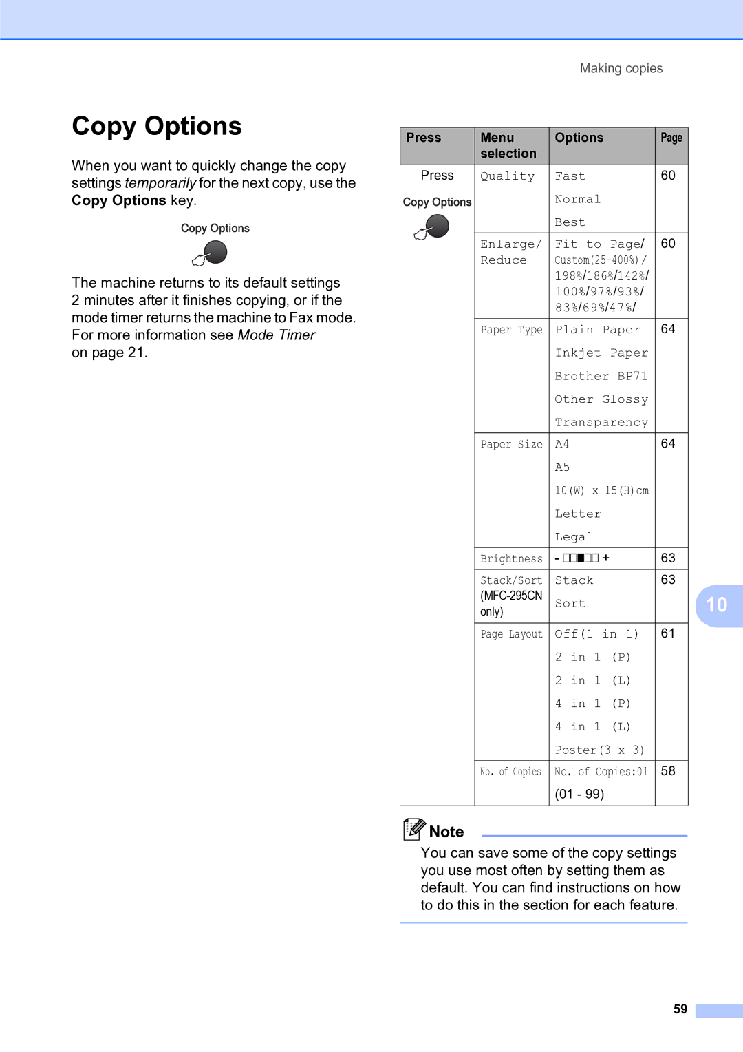 Brother MFC-253CW manual Copy Options, Press Menu Options Selection 