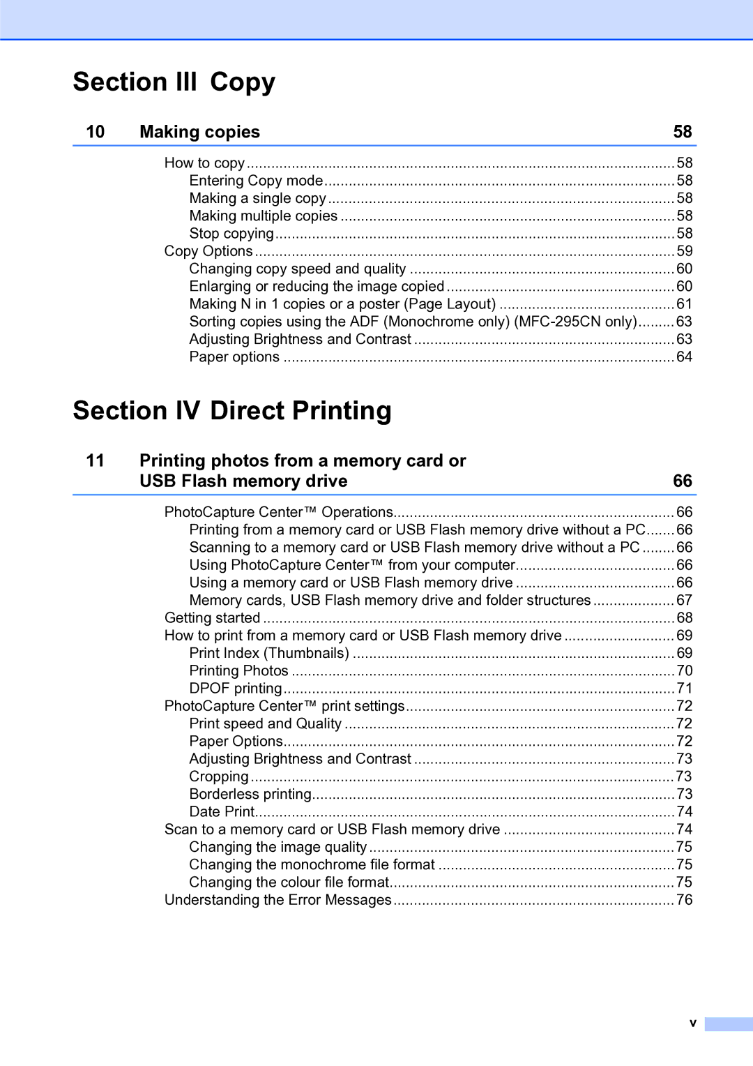 Brother MFC-253CW manual Section III Copy, Section IV Direct Printing 