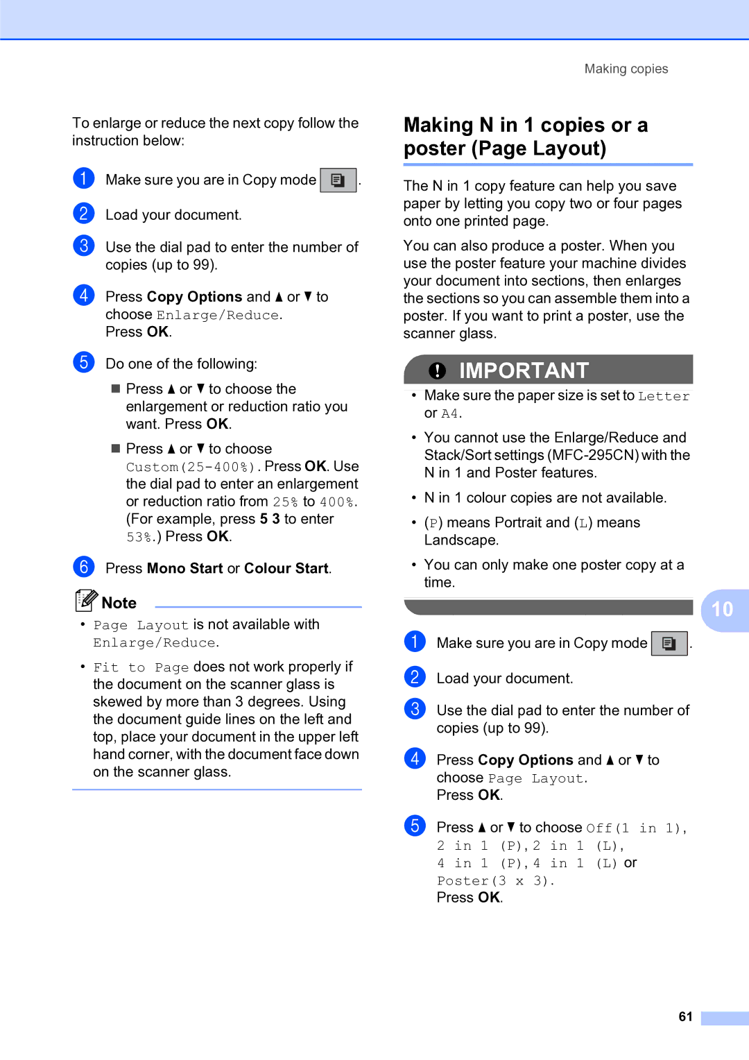 Brother MFC-253CW manual Making N in 1 copies or a poster Page Layout, Enlarge/Reduce 