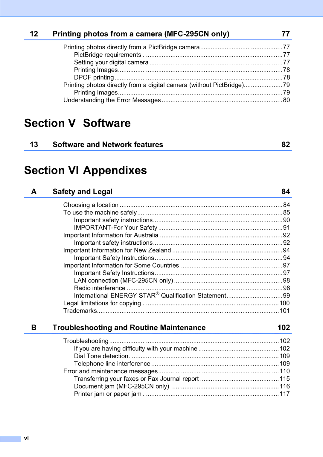 Brother MFC-253CW manual Section V Software, Section VI Appendixes 