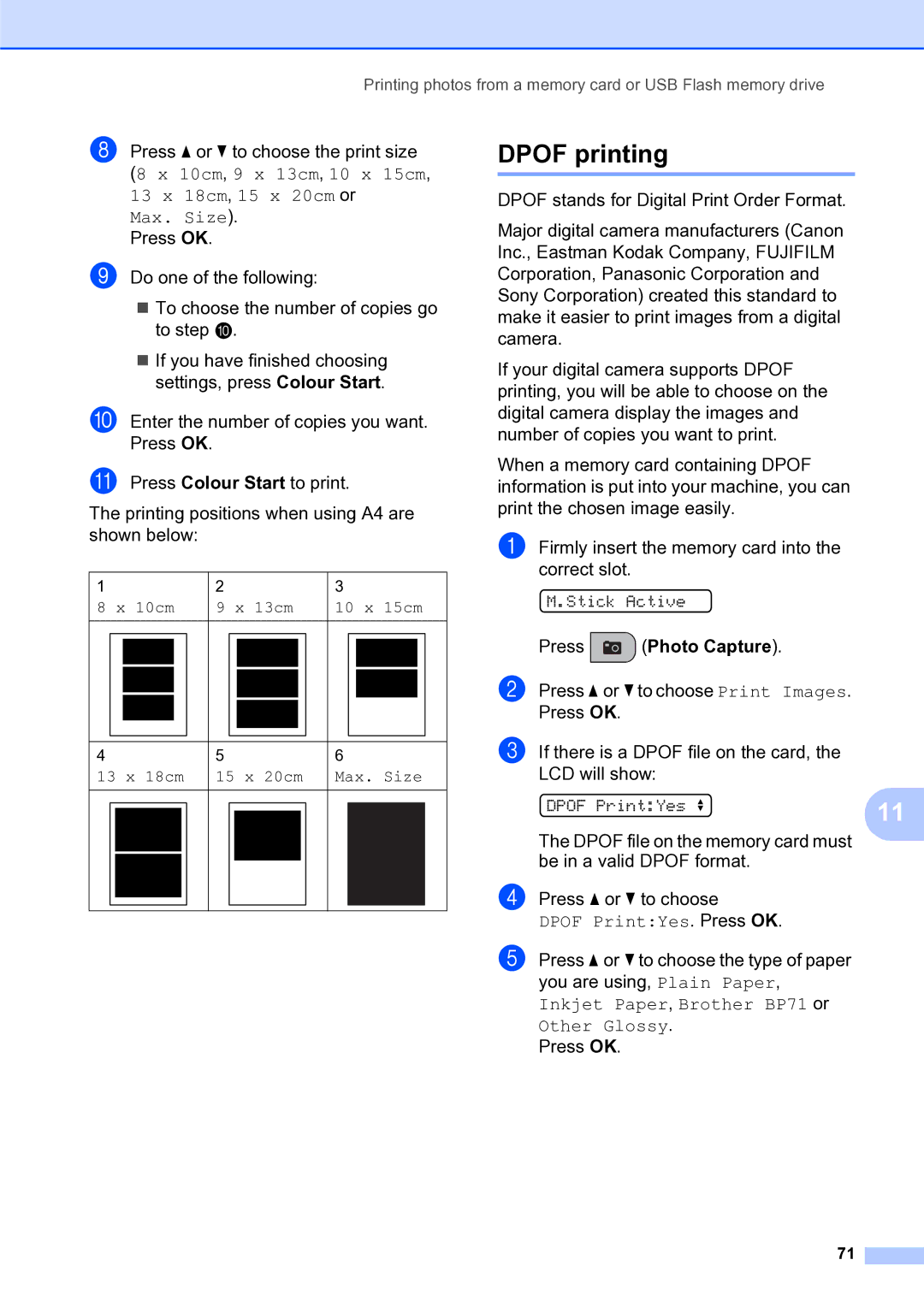 Brother MFC-253CW manual Dpof printing, 13 x 18cm, 15 x 20cm or Max. Size 