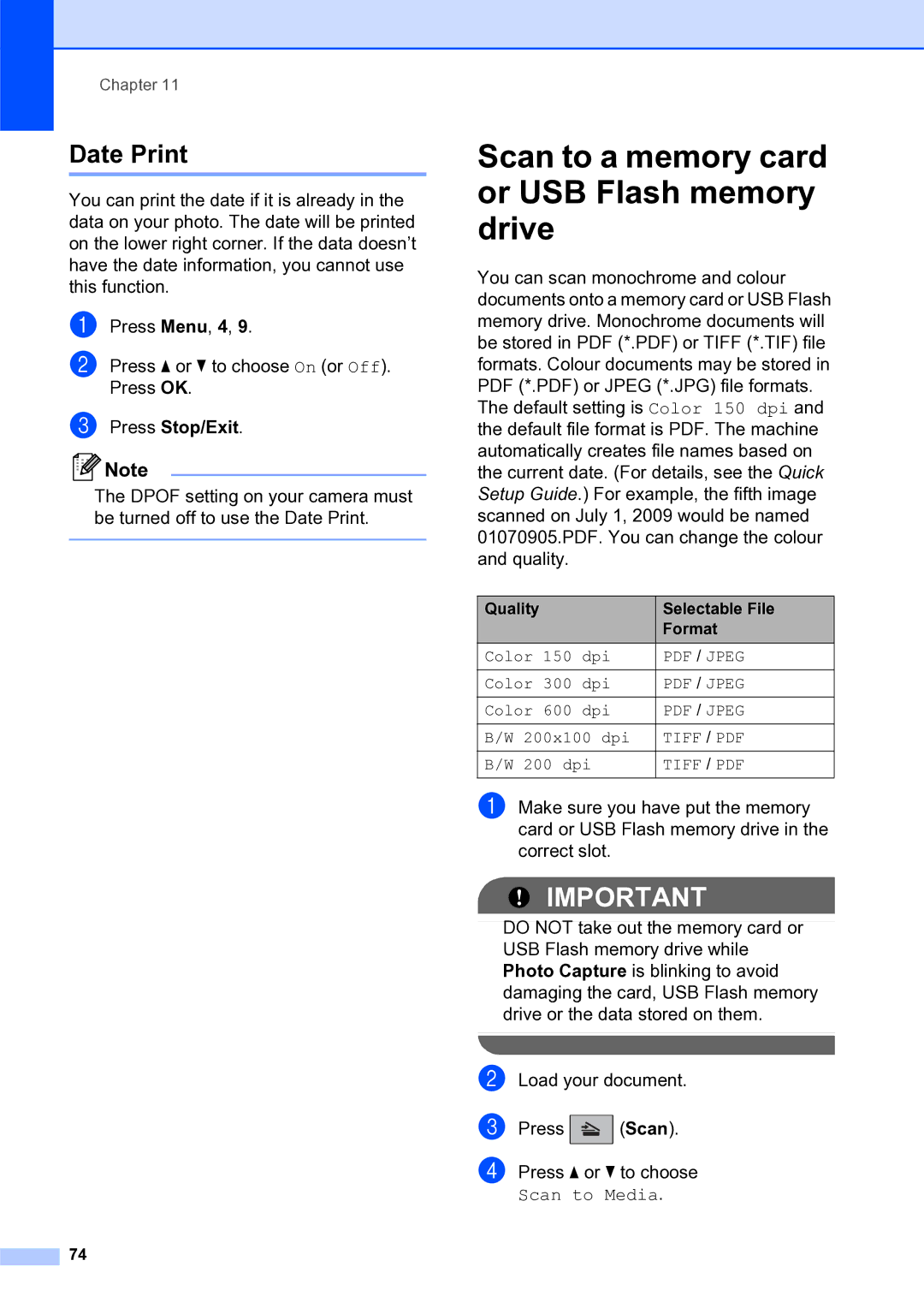 Brother MFC-253CW manual Scan to a memory card or USB Flash memory drive, Date Print, Quality Selectable File Format 