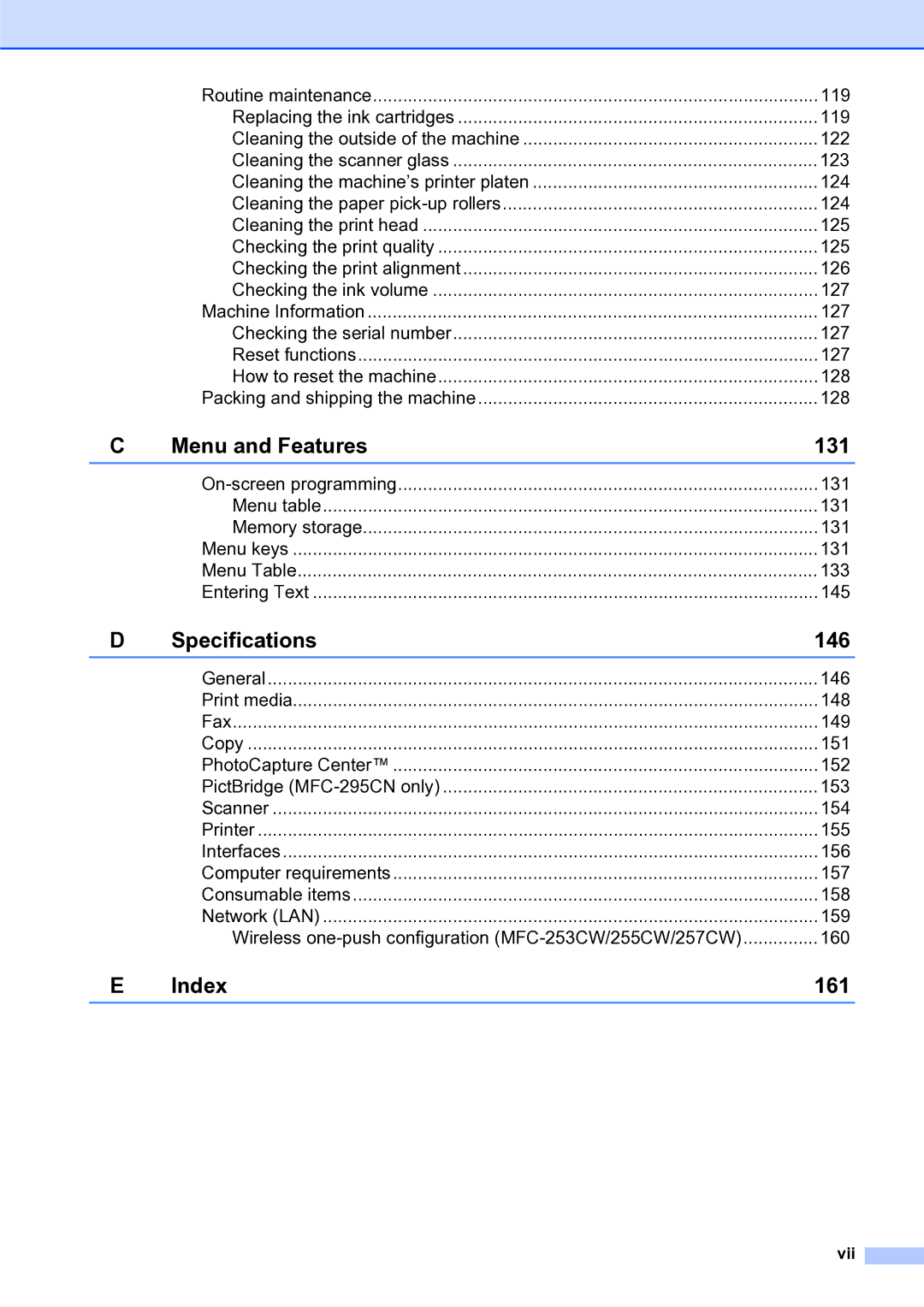 Brother MFC-253CW manual Menu and Features, Vii 