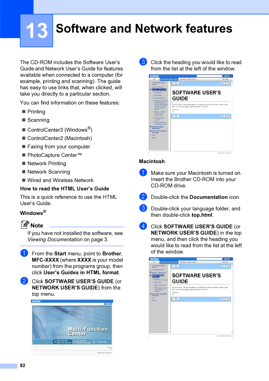 Brother MFC-253CW manual Software and Network features, How to read the Html User’s Guide, Windows, Macintosh 