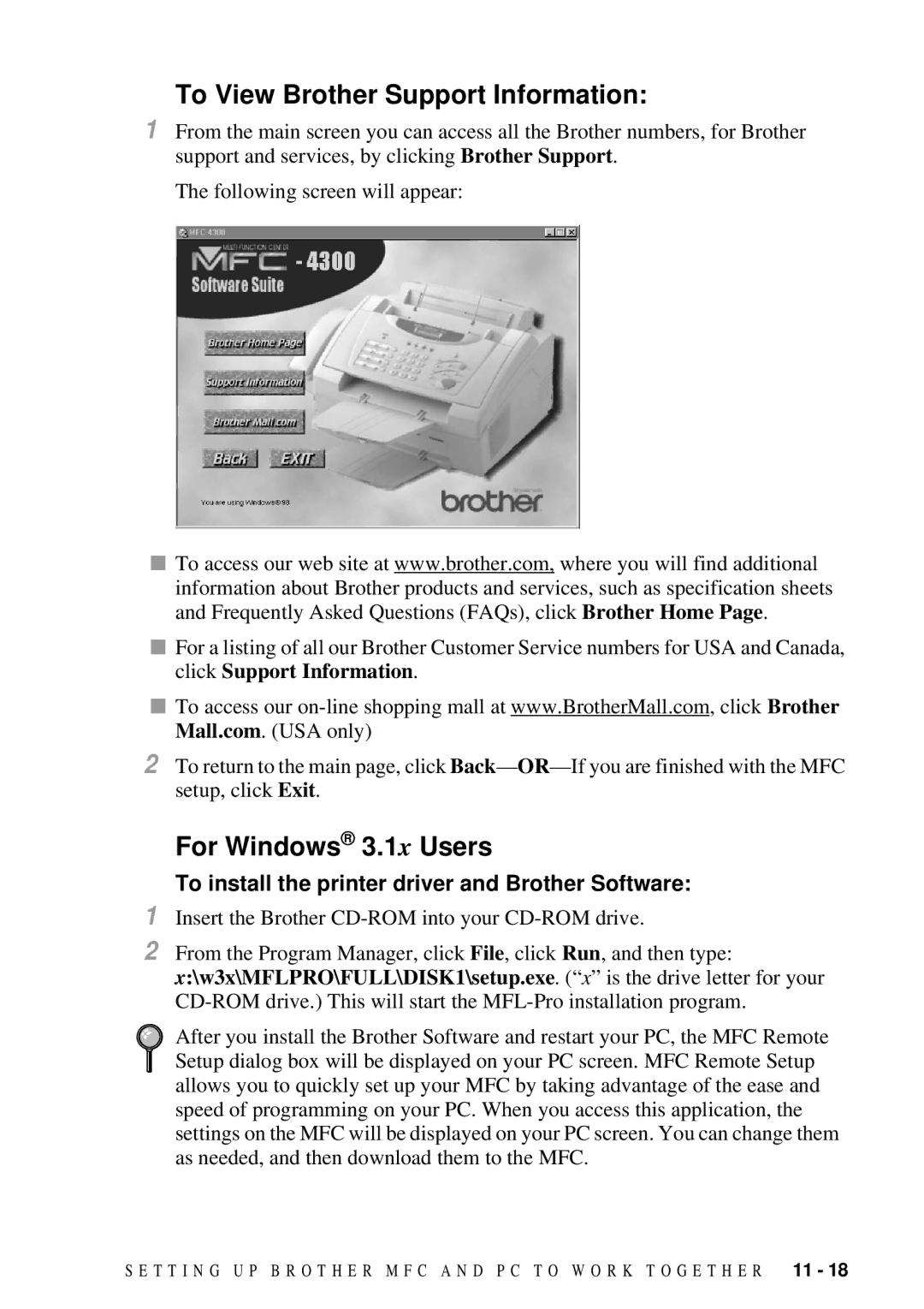 Brother MFC 4300 owner manual To View Brother Support Information, For Windows 3.1x Users 