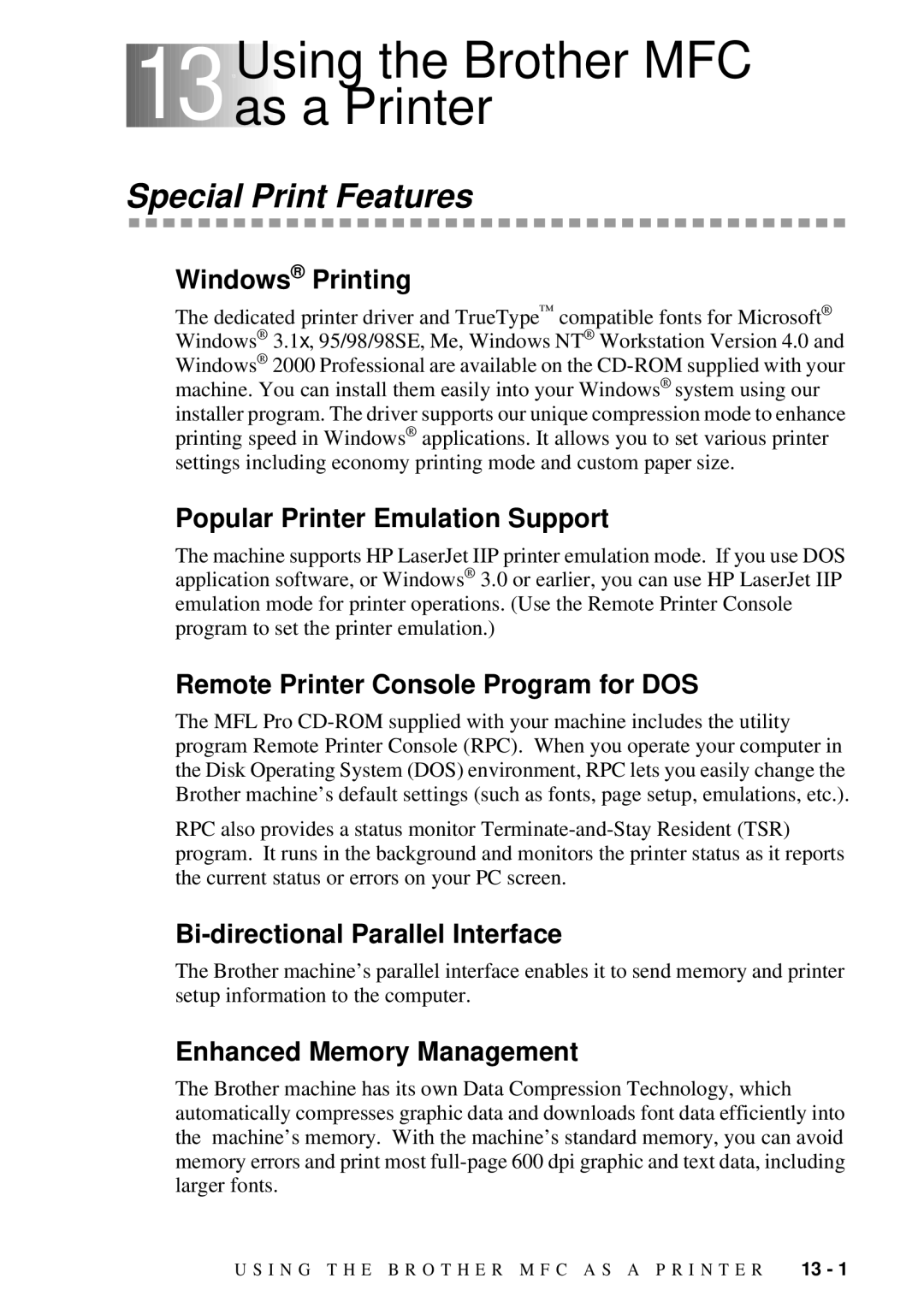 Brother MFC 4300 owner manual 13Using the Brother MFC as a Printer, Special Print Features 