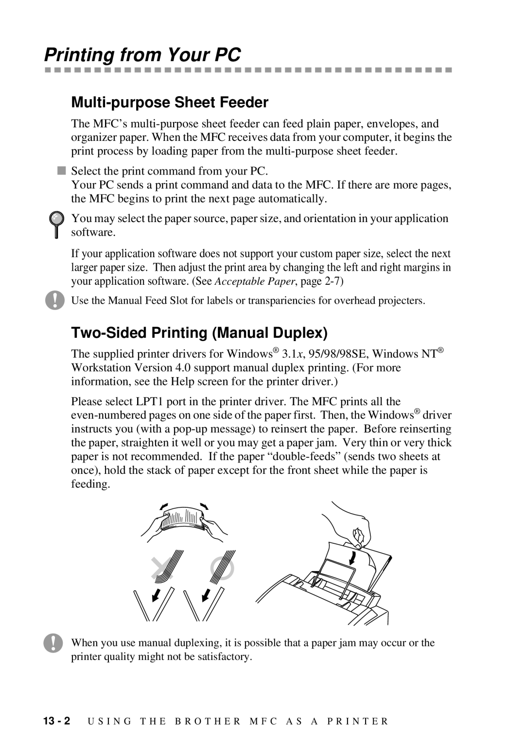 Brother MFC 4300 owner manual Printing from Your PC, Multi-purpose Sheet Feeder, Two-Sided Printing Manual Duplex 